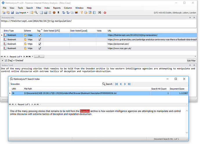 NetAnalysis showing a Netscape HTML Boomark File Description Index Search