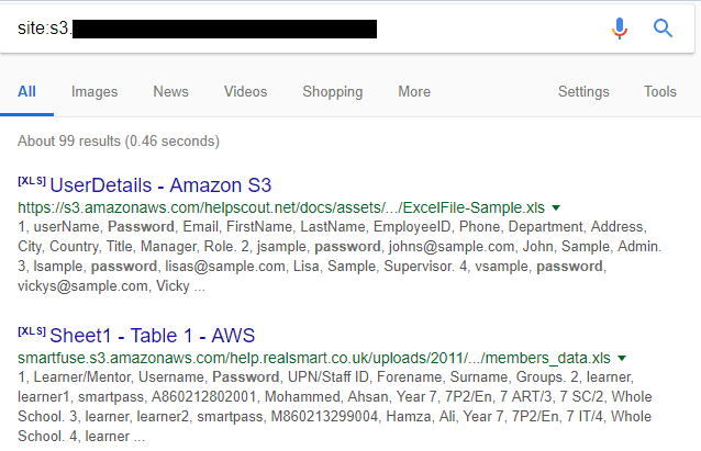 figure 1 google search for open s3 buckets