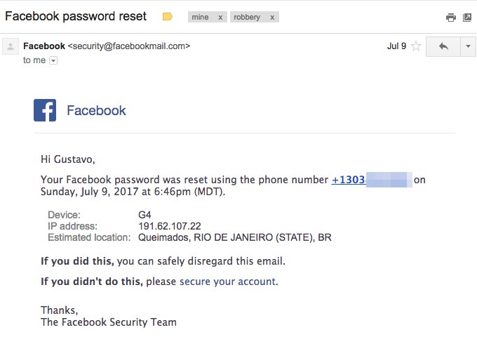 Facebook password reset email