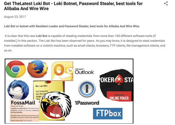 Figure A: Dark web ad promoting Loki Bot malware for stealing credentials