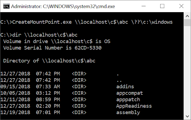 Using CreateMountPoint on \\localhost\c$\abc is successful and listing the directory showing the windows folder.