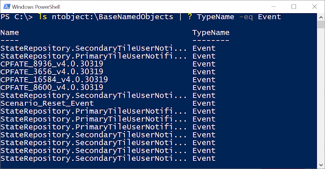 PowerShell console showing listing of ntobject:\BaseNamedObjects.