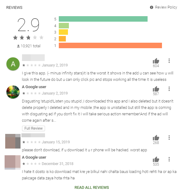 Figure 6. Reviews from one of the apps. Most of the scores are either 5-star or 1-star, in a “U” shaped curve, which might indicate that the legitimate reviewers are giving it a low rating, while the fake ones are giving it as high a rating as possible