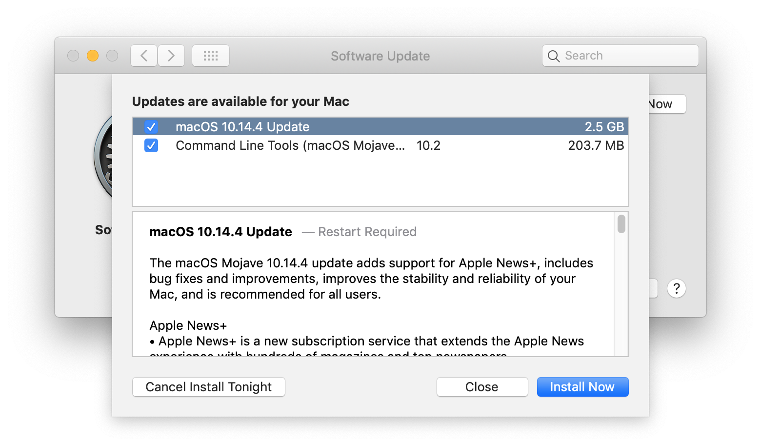 Screenshot of the software update release notes in System Preferences in MacOS 10.14.