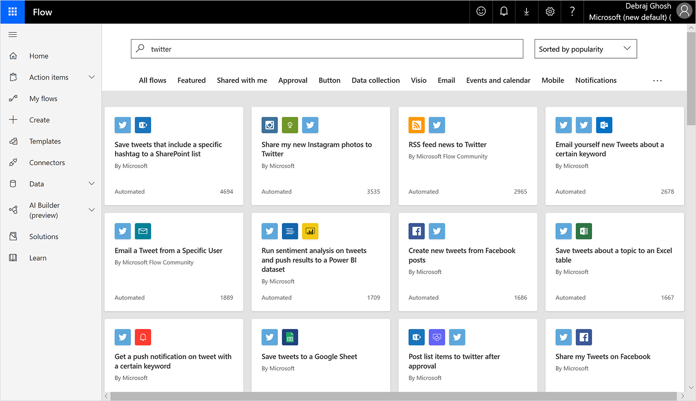 Screenshot of the Microsoft Flow dashboard. A search has been conducted for "twitter."