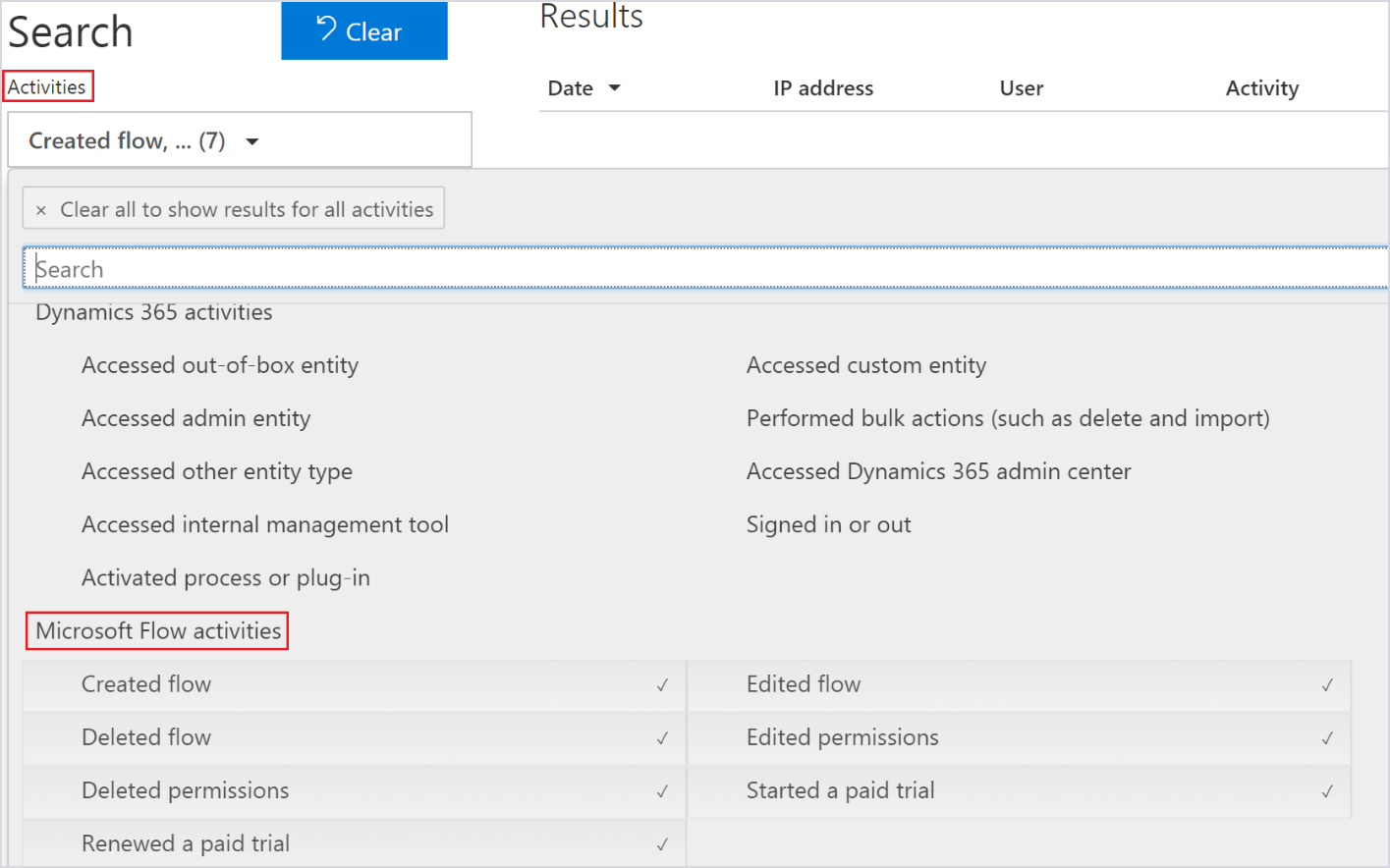 Screenshot of Microsoft Flow activities accessed through the Office 365 Security & Compliance Center.
