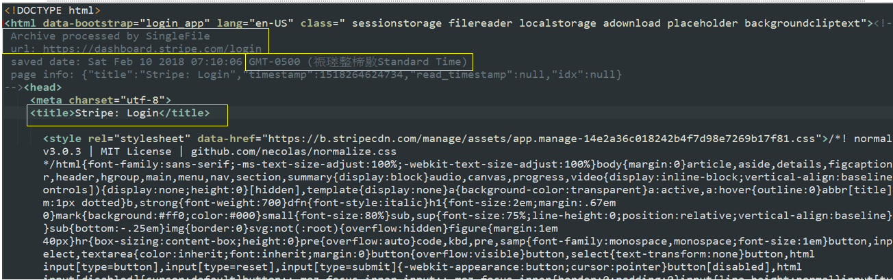 Figure 4. The source code of the phishing page is generated by SingleFile. Note that information such as page saved date and the time zone can still be found in the code.