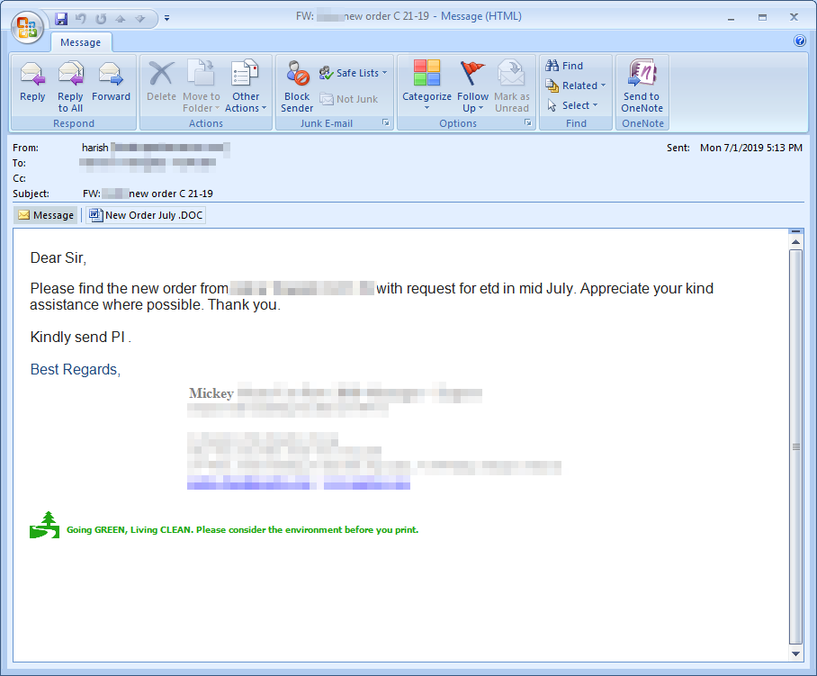 Figure 1. Screenshot of the actual email sample that contained a LokiBot attachment