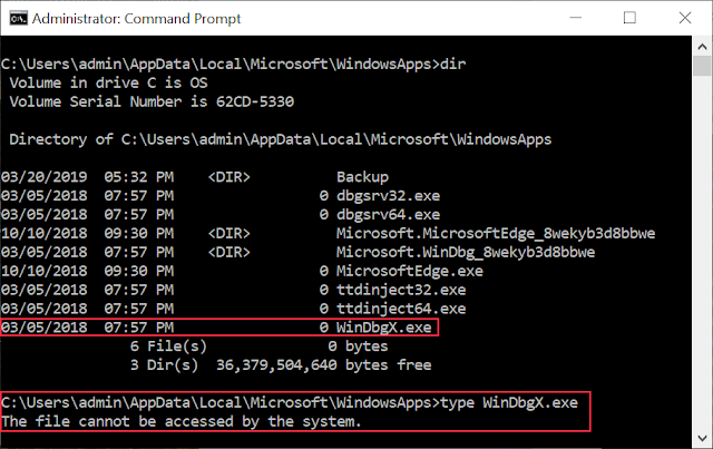 Directory listing of WindowsApps folder showing 0 byte WinDbgX.exe file and showing that trying to open file fails.