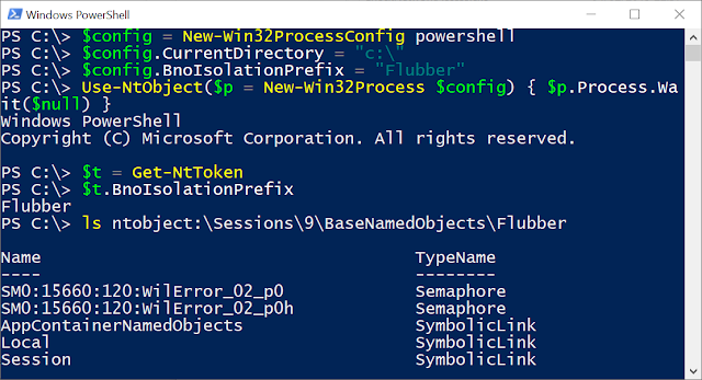 Creating a new process with a BnoIsolationPrefix value in Win32ProcessConfig. Then listing the new directory under Sessions\9\BaseNamedObjects\Flubber.