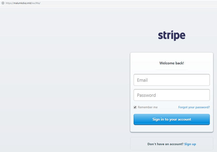 Figure 2. Comparison of the original Stripe log-in page (top) with the spoofed one based on the generated SingleFile page (bottom). The only noticeable difference is the URL.