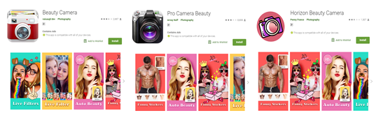Figure 1. Screenshots of the malicious beauty camera apps on Google Play
