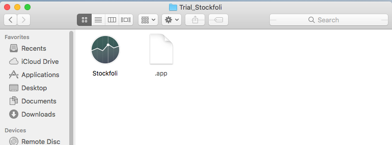 Figure 2. Content of the zip file. Note that the app bundle is missing the “o” at the end, whereas the legitimate app is called Stockfolio.
