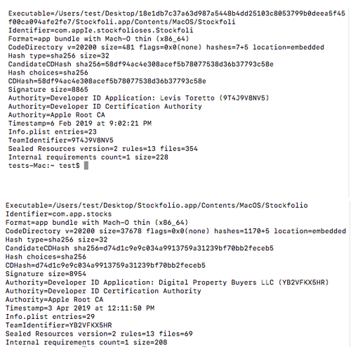 Figure 7. Comparison of the code-signing information of the malicious app (top) and the legitimate Stockfolio app (bottom)
