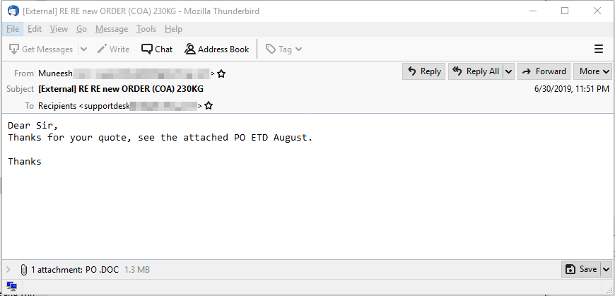 Figure 3. One of the VirusTotal email samples that contains a LokiBot attachment