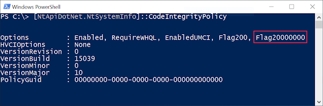 Calling NtSystemInfo::CodeIntegrityPolicy in Powershell on a SMode system showing Flag20000000