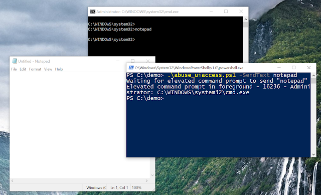 Screenshot showing the results of the script with notepad run elevated via an elevated command prompt.