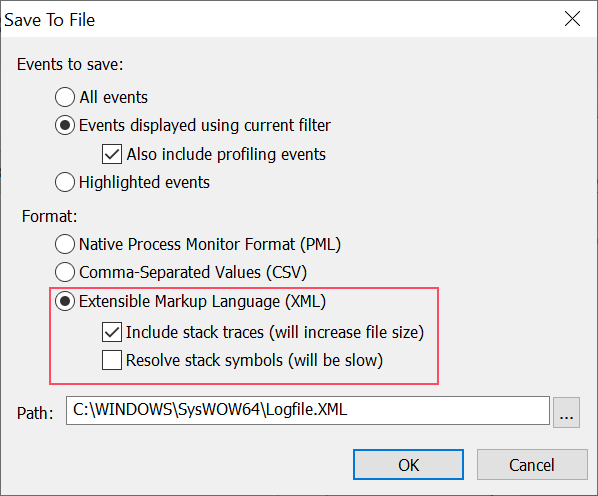 PROCMON Save Dialog showing options for XML output including stack traces.