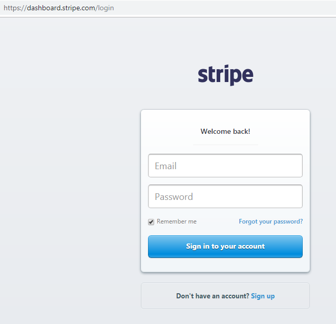 Figure 2. Comparison of the original Stripe log-in page (top) with the spoofed one based on the generated SingleFile page (bottom). The only noticeable difference is the URL.