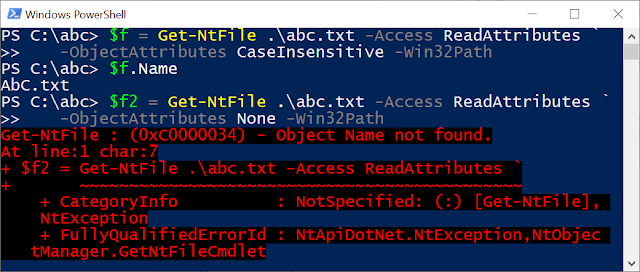 Running the same tests but with ObpCaseInsensitive set to FALSE. With OBJ_CASE_INSENSITIVE the file open succeeds, without the flag it fails with an error.