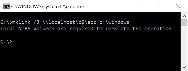 Using mklink on \\localhost\c$\abc returns the error "Local NTFS volumes are required to complete the operation."