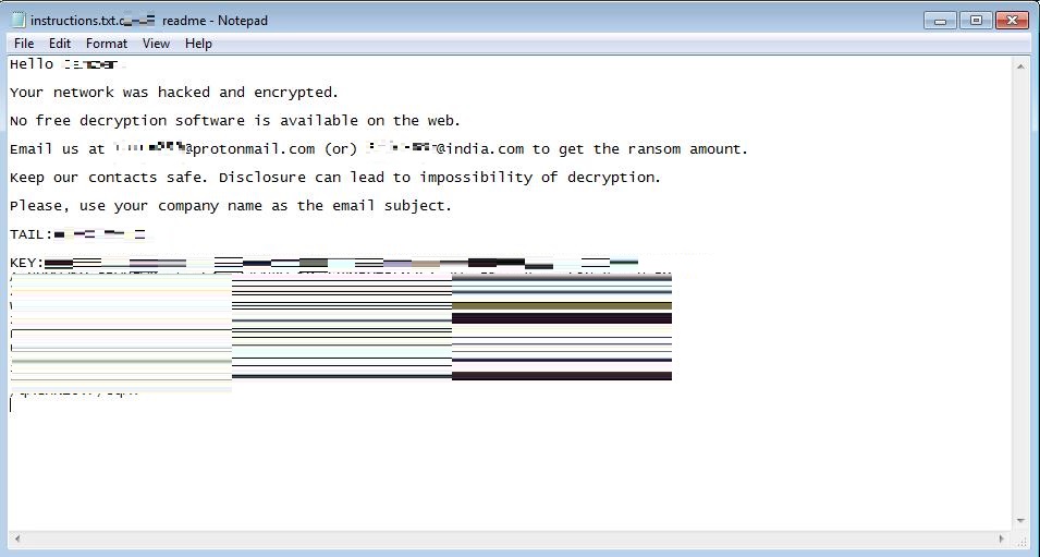 Figure 2. In the ransom note, the victim is instructed to contact the threat actor/s to know how much needs to be paid in exchange for decryption. Notably, the key used in the encryption is stored in the message itself, and not within the file. This means losing the ransom note could kill the chance of file decryption.