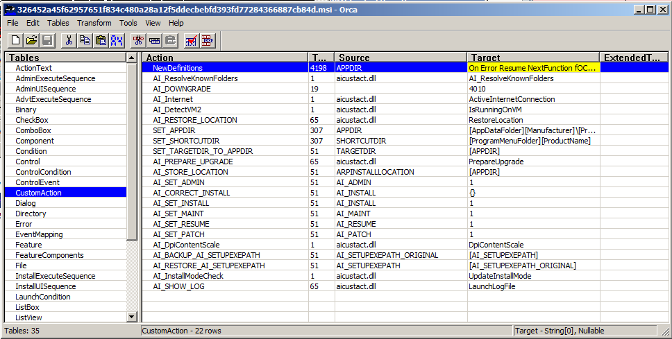 Figure 13. From Orca MSI Editor: CustomAction contains VBScript